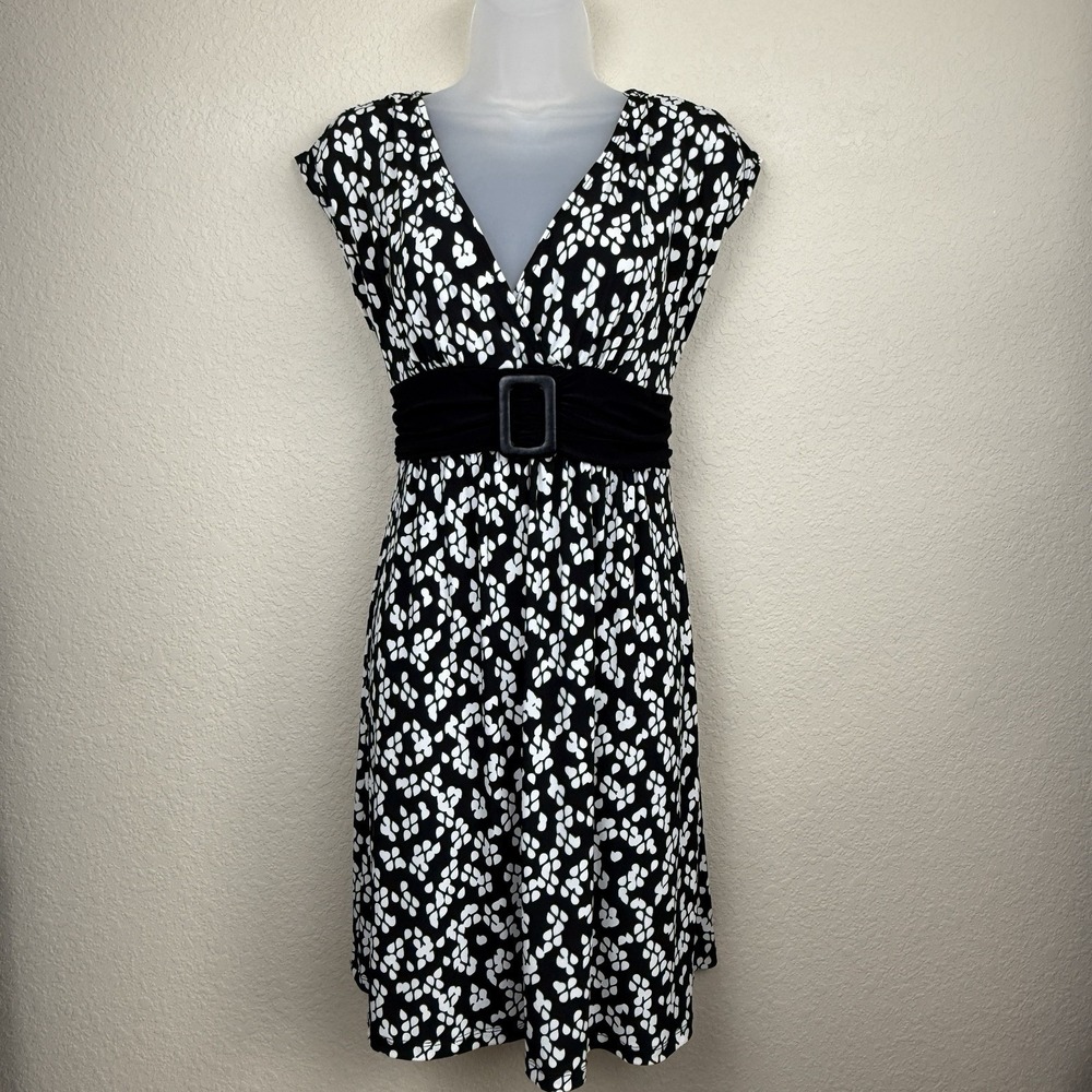 Vtg Wrapper Y2K Mod Black/White Empire Waist Faux Belt Tie Back Midi Dress Sz M - Picture 2 of 10